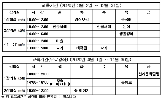 2020 문화학교 시간표